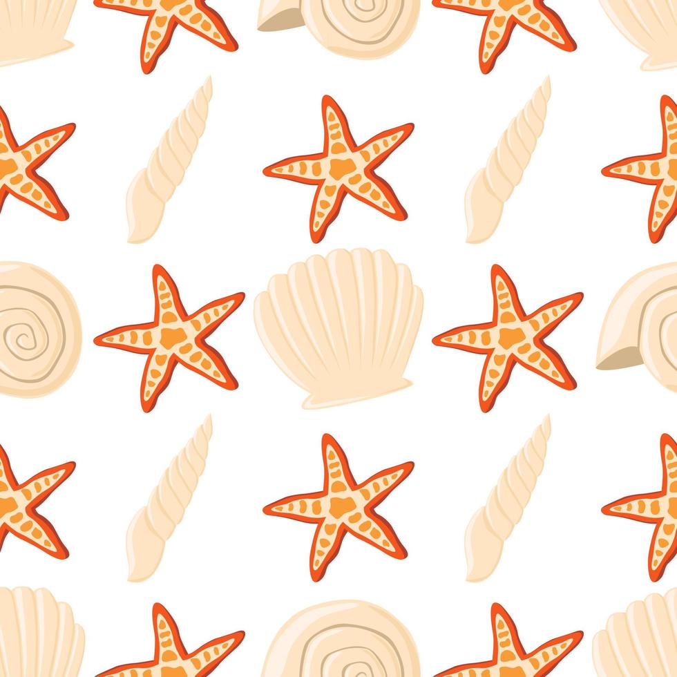 Empty seashell and starfish vector seamless pattern background.