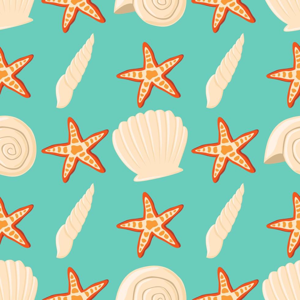 Empty seashell and starfish vector seamless pattern background