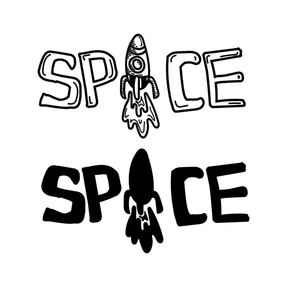 Space lettering, label set. Stylized space lettering with doodle style elements. Typographic design, retro vector illustration
