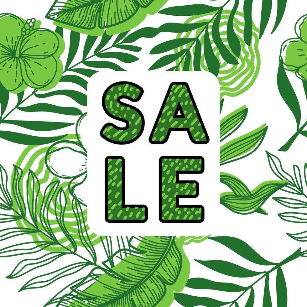 Discount banner, discount poster decorated with monochrome tropical leaves and strelitzia flowers. Tropical palm leaves, monster and hand-drawn sketch elements. Vector illustration