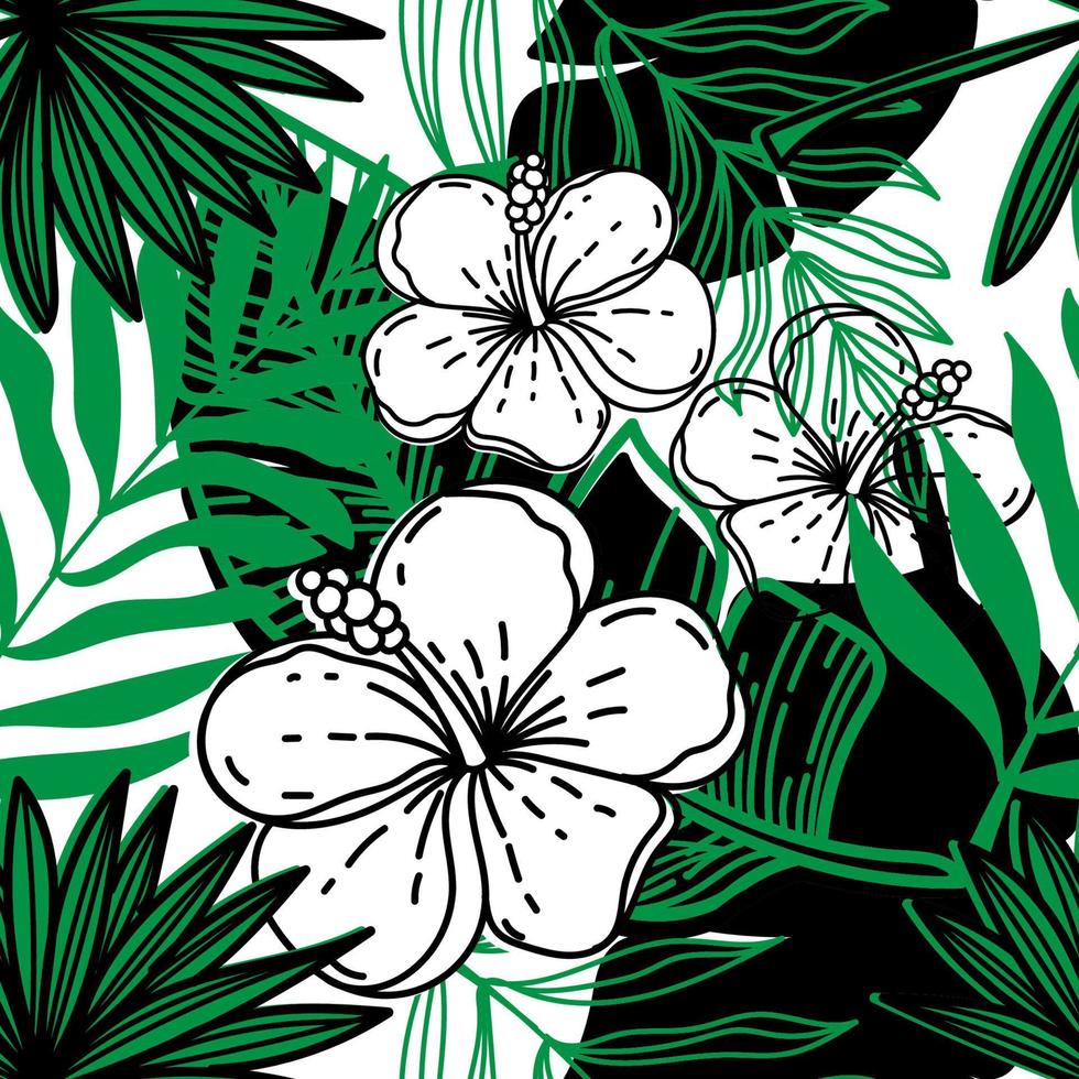 Seamless pattern of abstract tropical elements hand-drawn in sketch style. Monochrome with spots. Bright strelitia flowers, palm leaves and foliage. Tropics. Summer. Strelicia. Isolated vector. vector