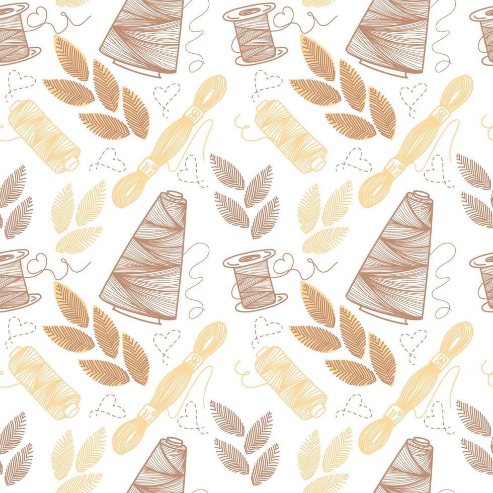 Seamless pattern of thread and embroidery, hand-drawn doodle elements in sketch style. Sewing thread. Embroidered leaves. Sewing. Embroidery. Thread. Handmade. Vector simple illustration