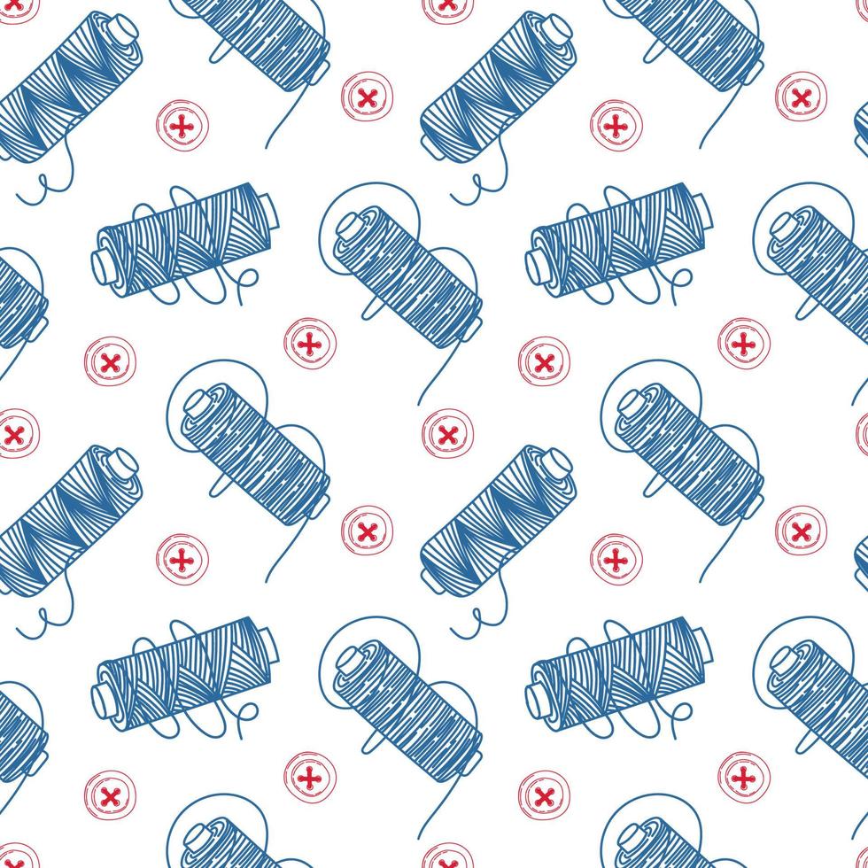 Seamless pattern of thread spools and buttons, hand-drawn doodles in sketch style. Thread. Button. Handmade. Thread. Vector simple illustration