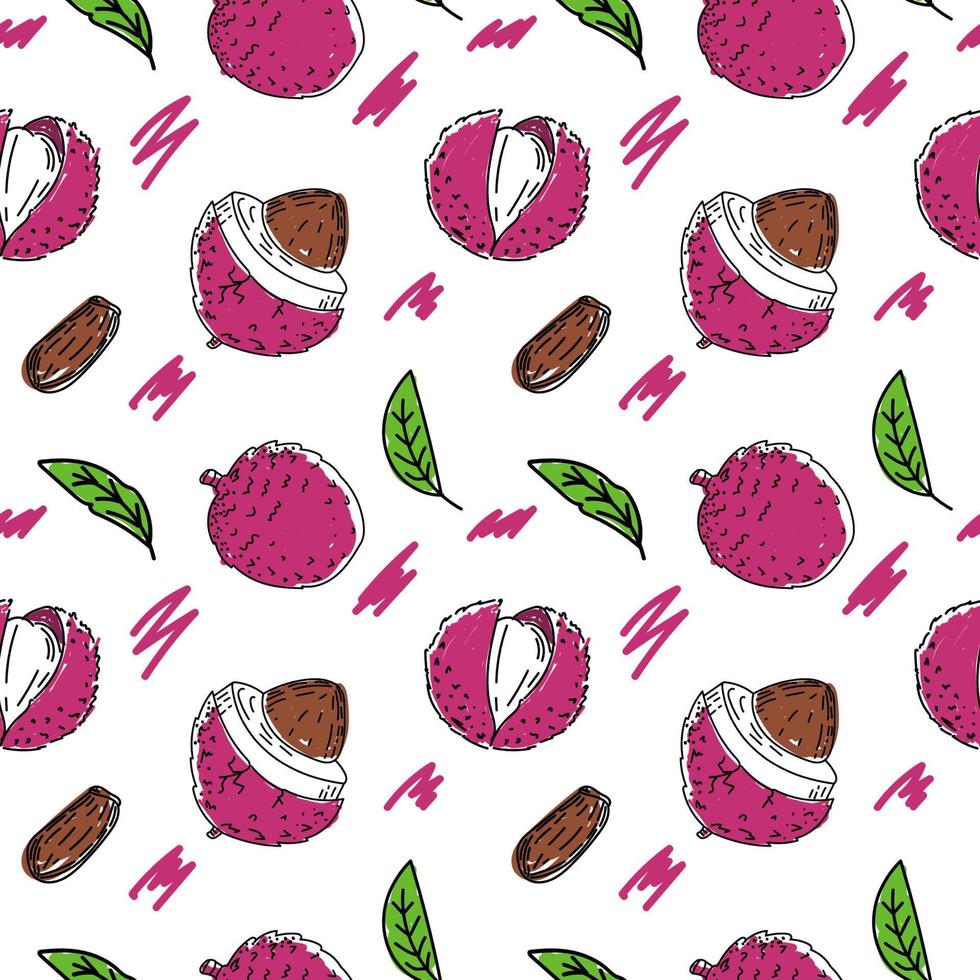 Seamless pattern of exotic lychee fruit hand-drawn sketch style doodle. Lychee. Fruit and leaves. Fruit. Vector simple illustration