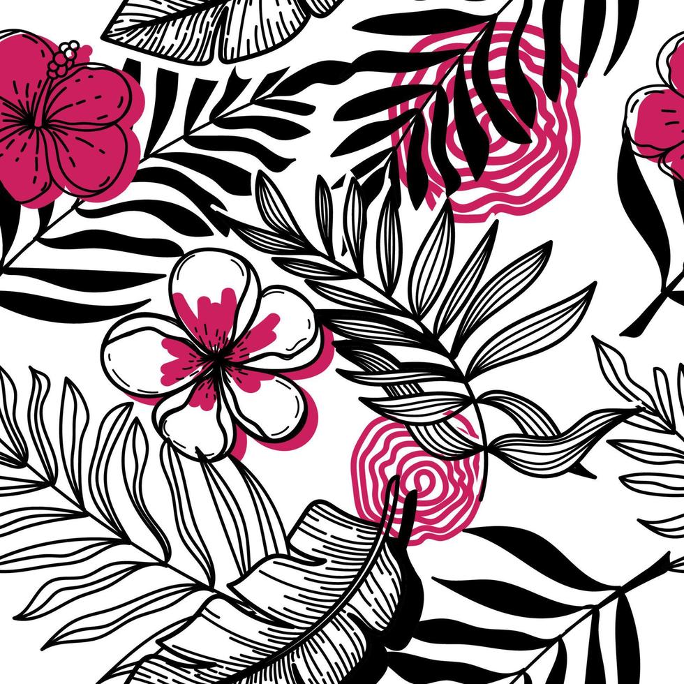 patrón sin costuras de elementos tropicales abstractos dibujados a mano en estilo boceto. monocromo con manchas rojas. flores de strelitia brillantes, hojas de palma y follaje. zona tropical. verano. strelicia. vector aislado