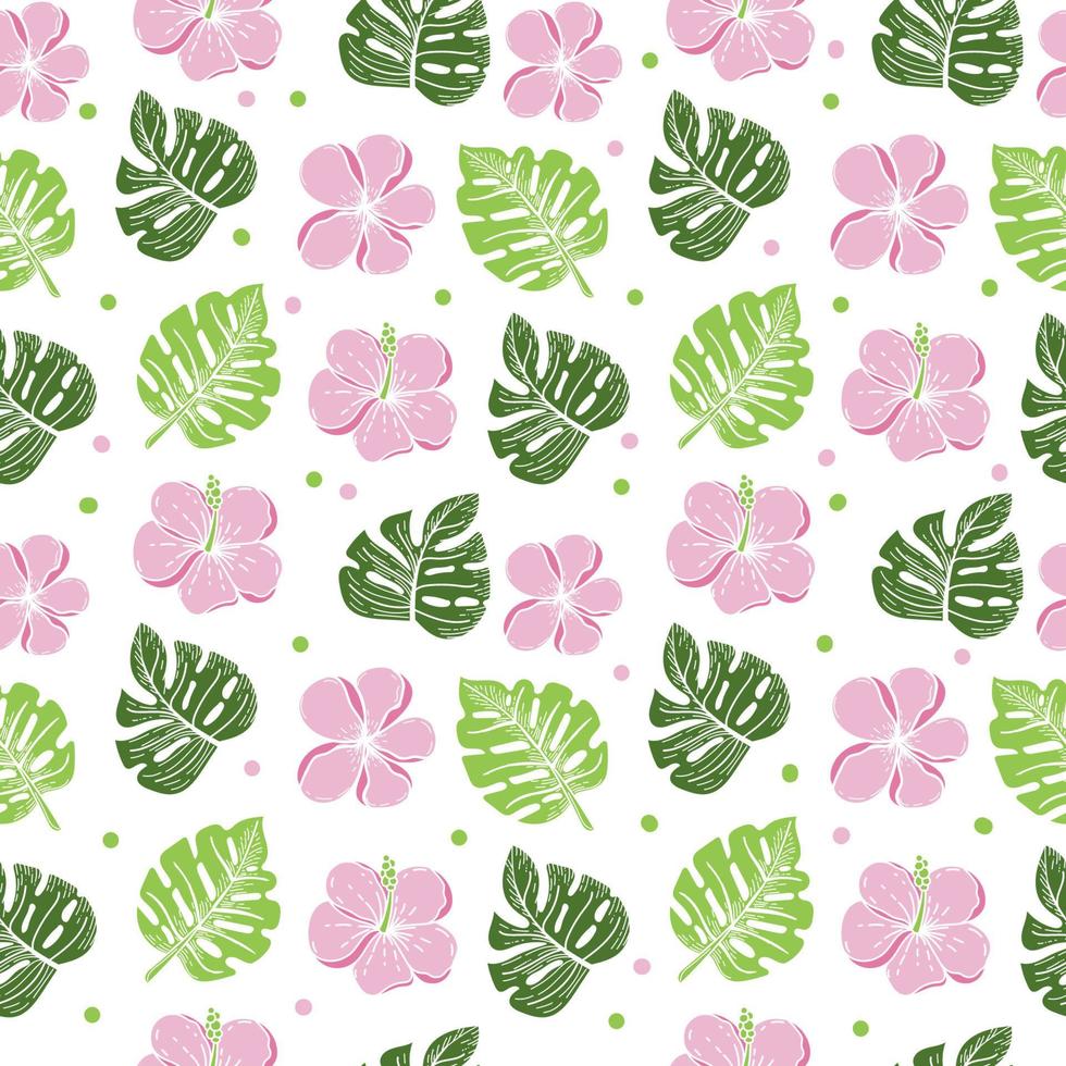 Seamless pattern of tropical strelitia flower, monster leaves. Hand-drawn doodle-style elements, bright flower, greens and peas on white background. Tropics. Summer. Strelicia vector