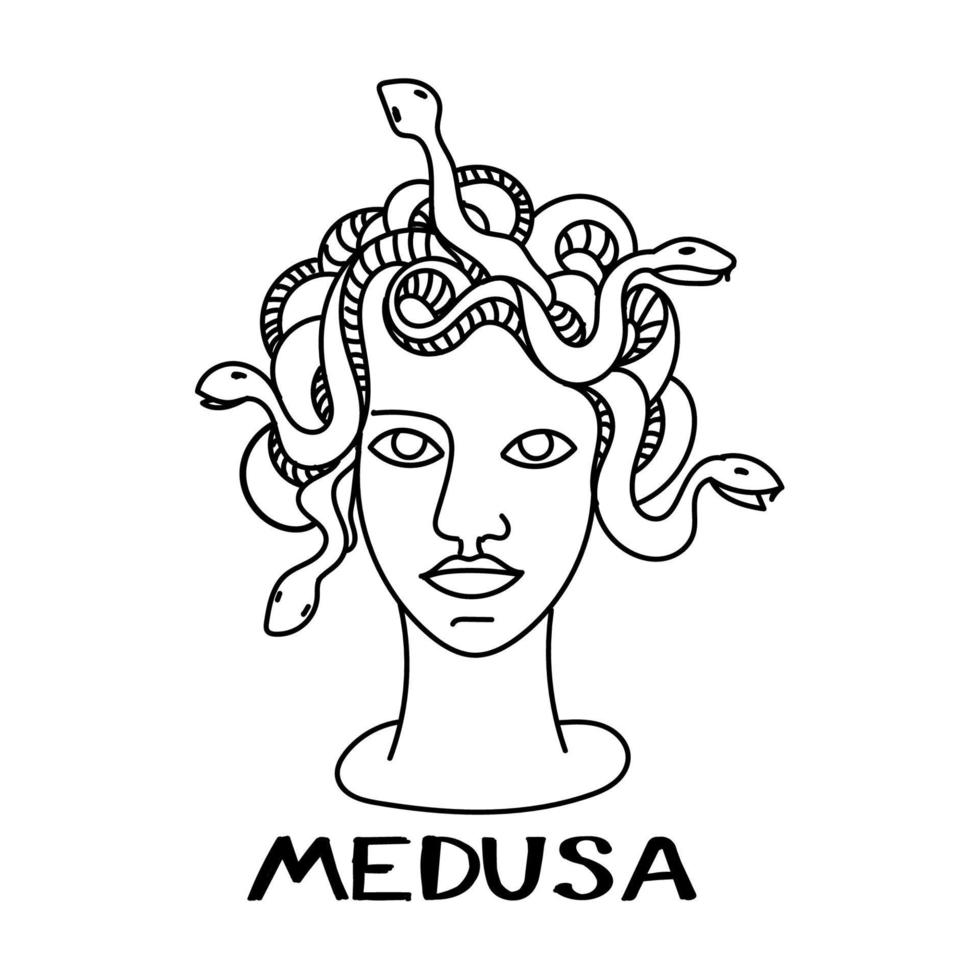 Gorgon Medusa, a hand-drawn sketch-style doodle. Gorgon head. Medusa. Snakes instead of hair. Ancient Greece and Rome. Simple vector illustration