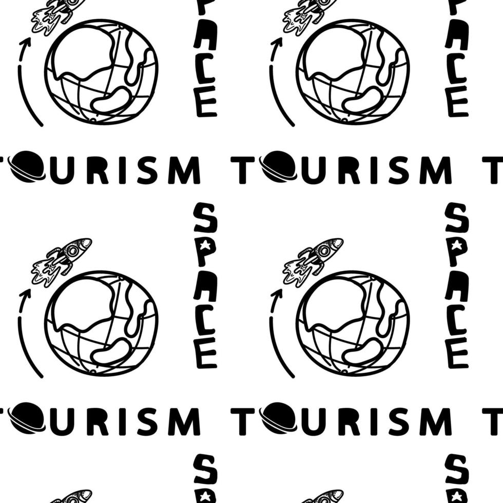 A seamless pattern of a planet with a rocket and stylized lettering, hand-drawn doodle. Space tourism. A rocket taking off around the earth. Space vector