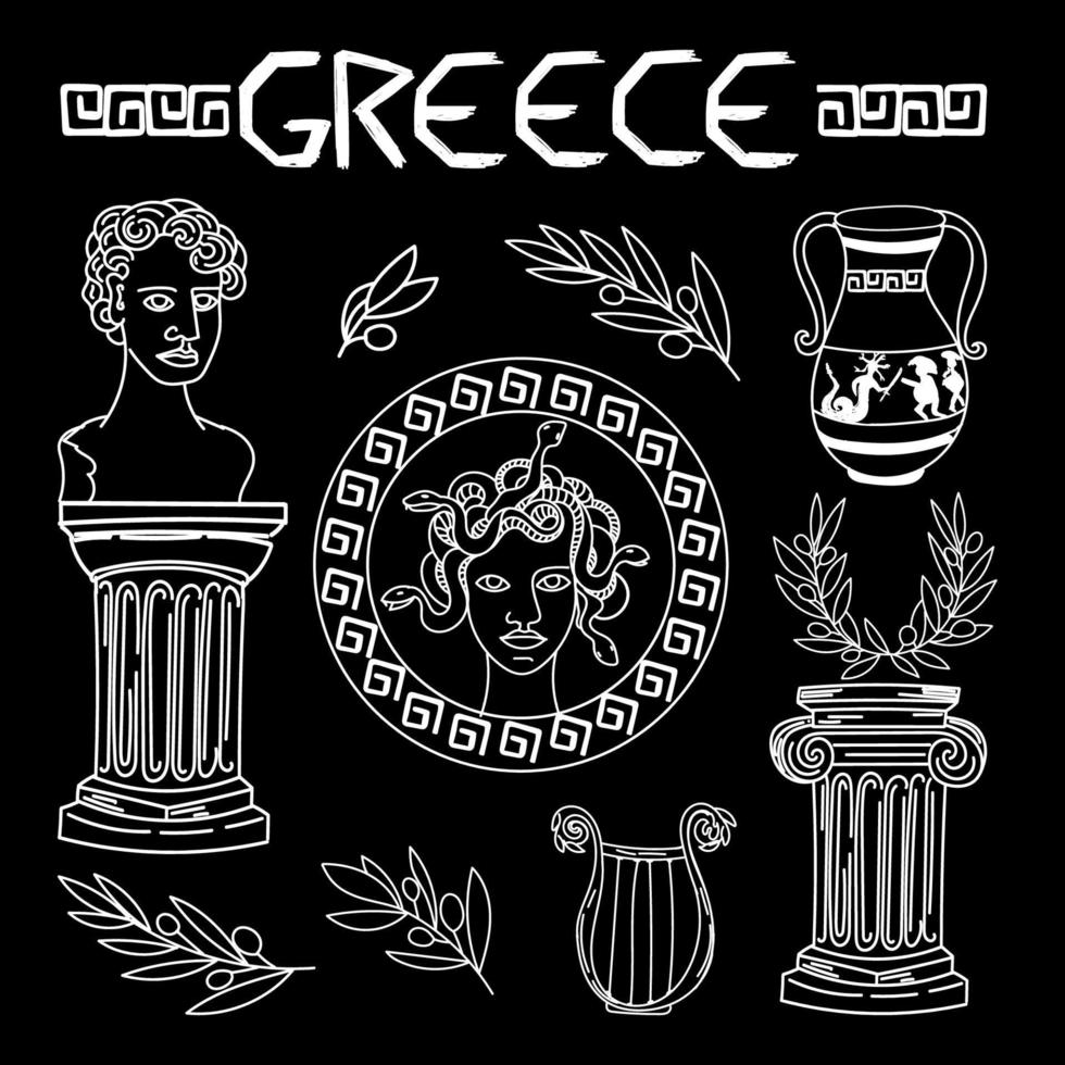 conjunto de elementos antiguos de la antigua grecia y roma, dibujados a mano en estilo boceto. gorgona medusa. cabeza de perseo, vaso con hazaña, arpa, corona de laurel, rama de olivo, columnas de orden jónico y dórico vector