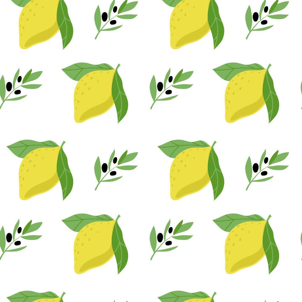 Seamless pattern of lemons and olive sprigs, drawn with doodle elements in sketch style. Olive with berries and lemon fruit on white background. Olives vector