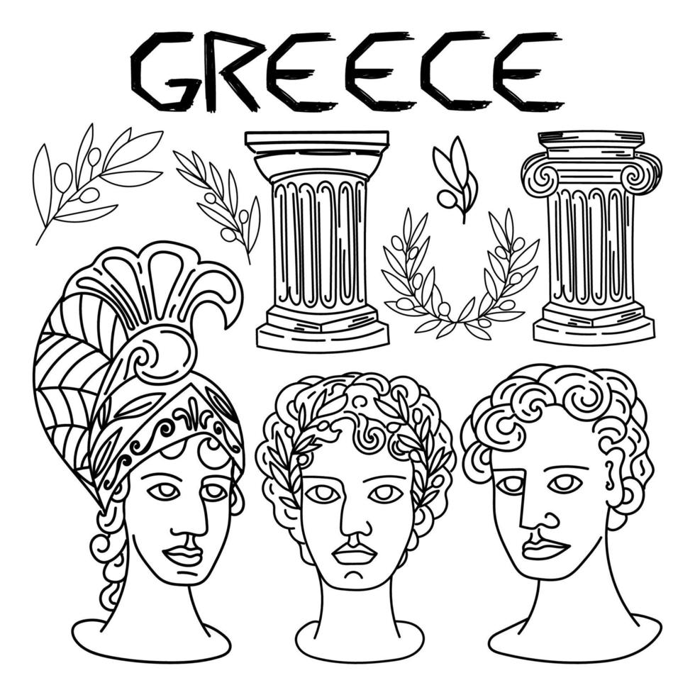 Set of ancient classical statues of ancient Greece, hand-drawn doodle in sketch style. Heads, laurel wreath, olive branch, Ionic and Doric order columns. Rome. Greece vector