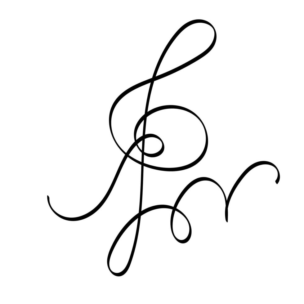 Music key hand-drawn doodle. Element from the science of music. Silhouette. Symbol of melody, vector illustration of black shape