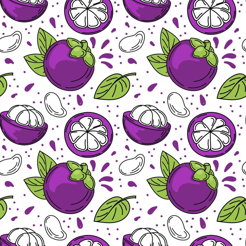 A seamless pattern of colorful mangosteen fruit, pulp, and leaves, hand-drawn sketches with doodle elements. Exotic Fruit. Thailand. Vector illustration