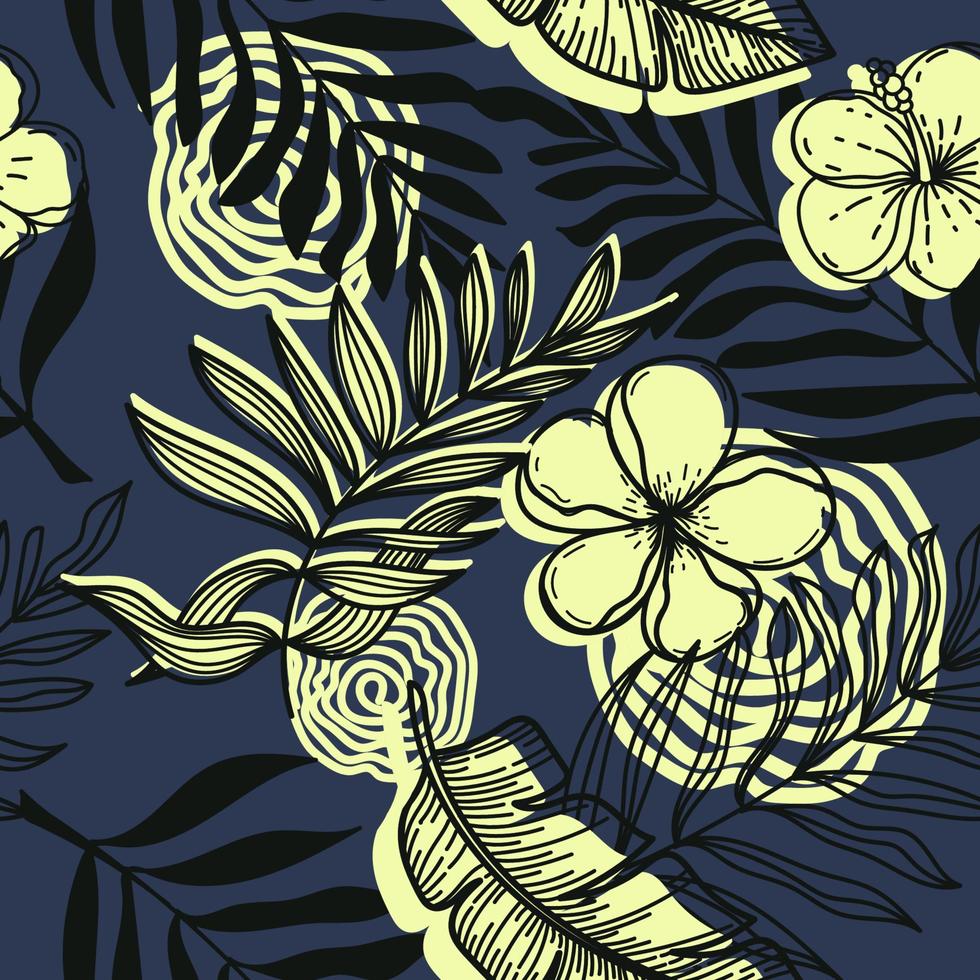 Seamless pattern of abstract tropical elements hand-drawn in sketch style. Monochrome with spots. Bright strelitia flowers, palm leaves and foliage. Tropics. Summer. Strelicia. Isolated vector