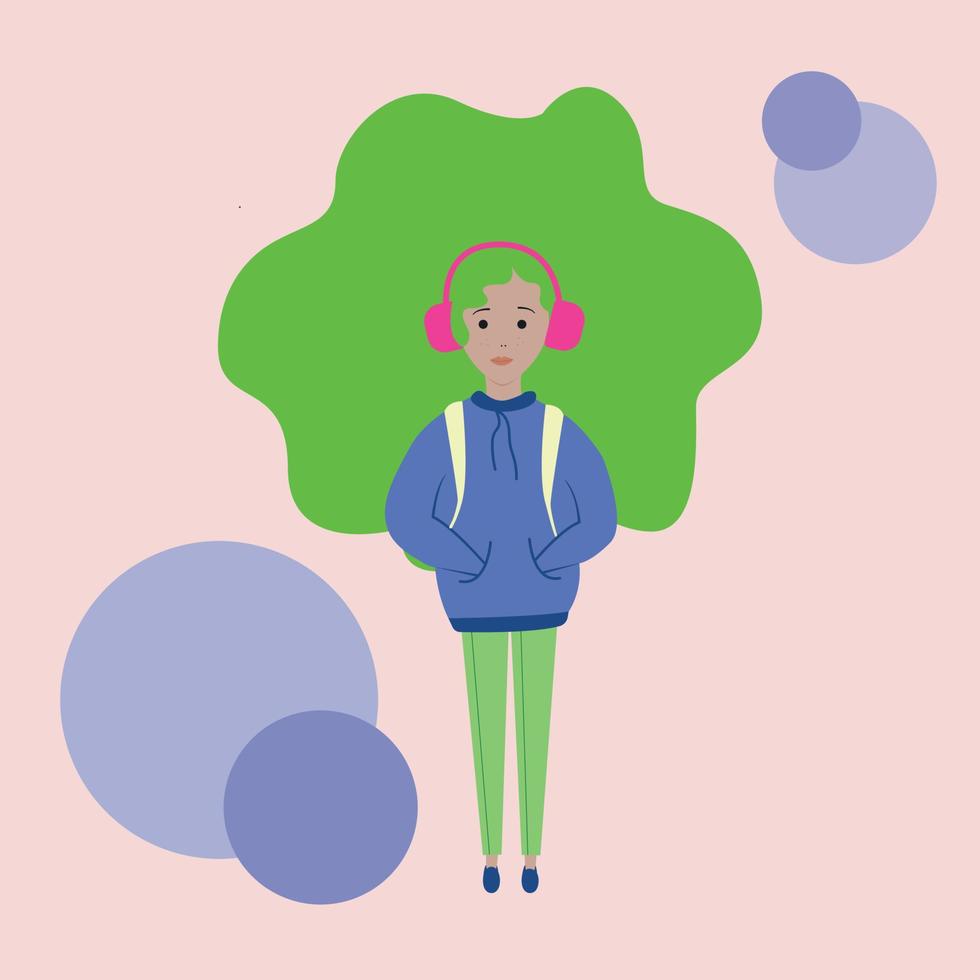 vector illustration girl in headphones listens to music