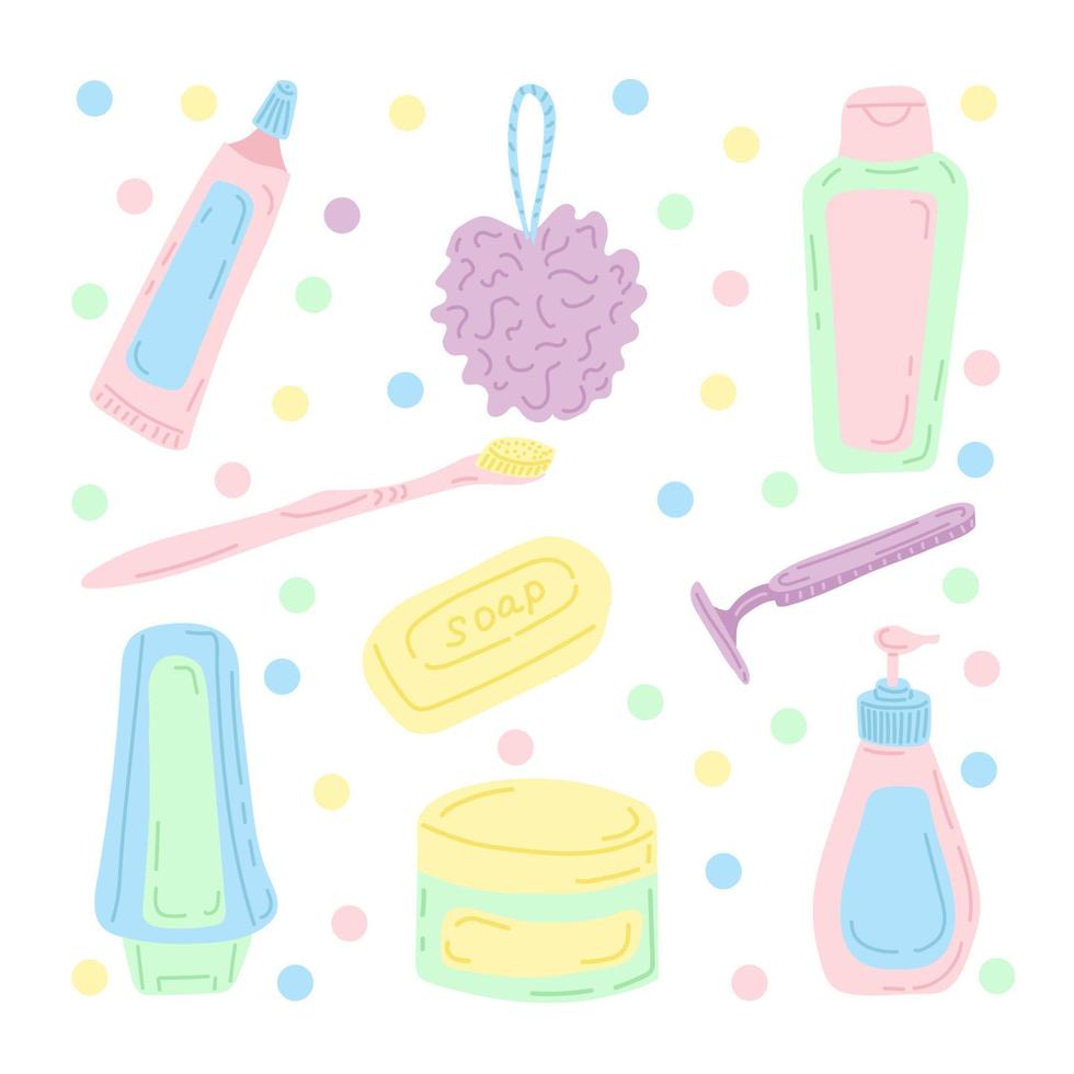 A set of hygiene items. Bathroom, shower. Flat vector illustration