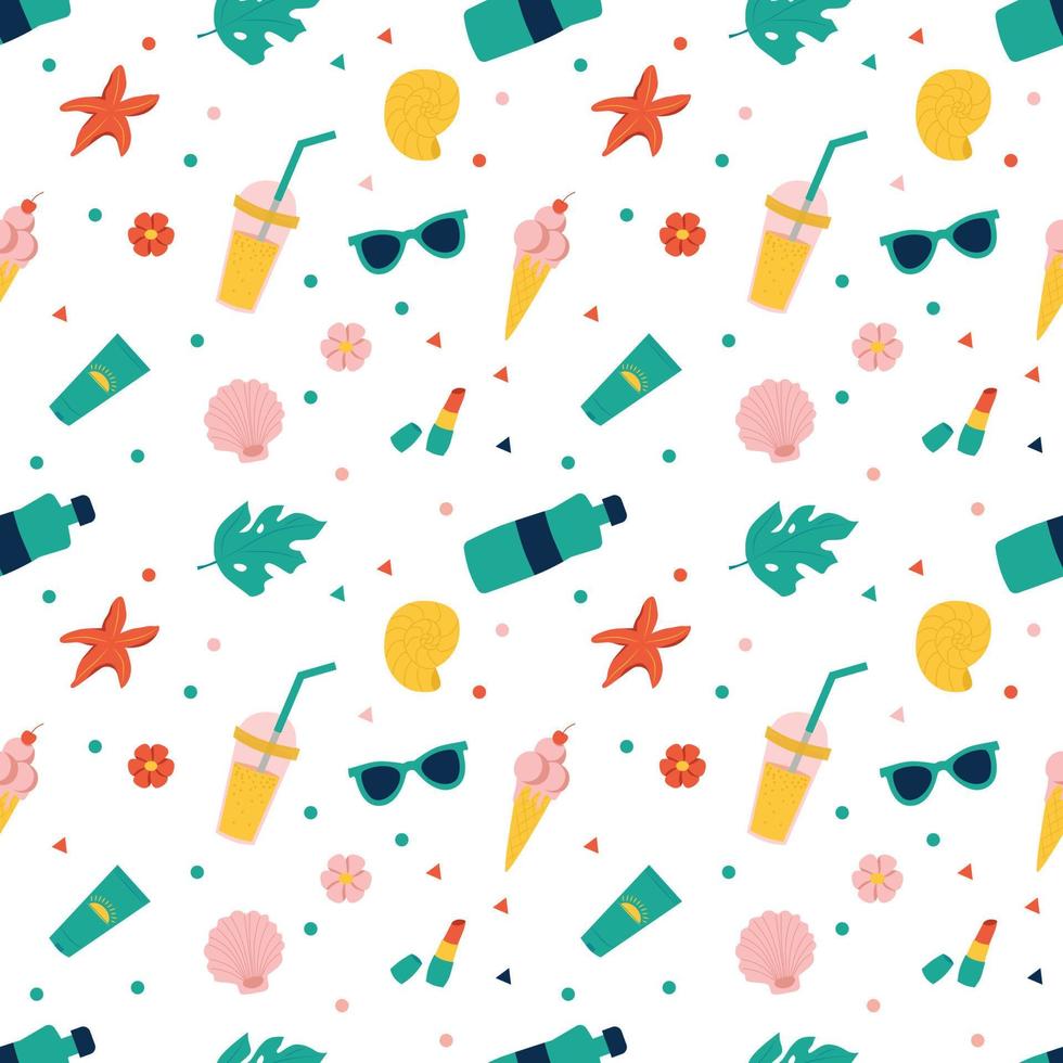 Summer seamless pattern of women's beach items. Flat vector illustration