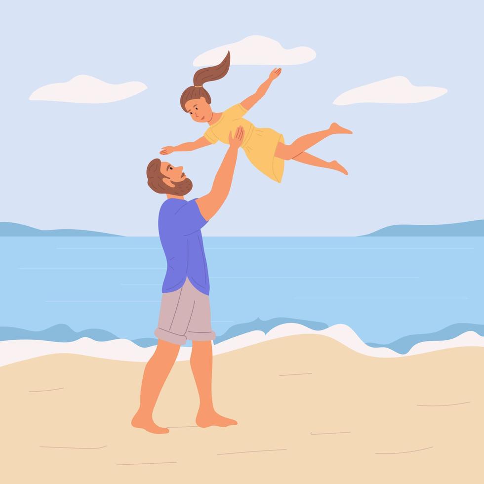 papá e hija en la playa. ilustración vectorial plana vector