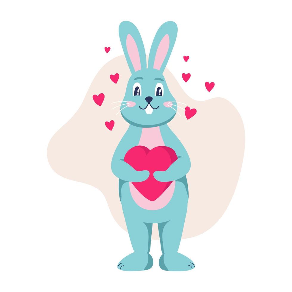 The rabbit character holds a heart in his hands. Valentine's Day, February. Flat cartoon vector illustration