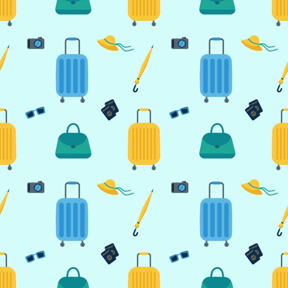 Seamless pattern of travel and tourism. Travel bags and suitcases. Flat vector illustration