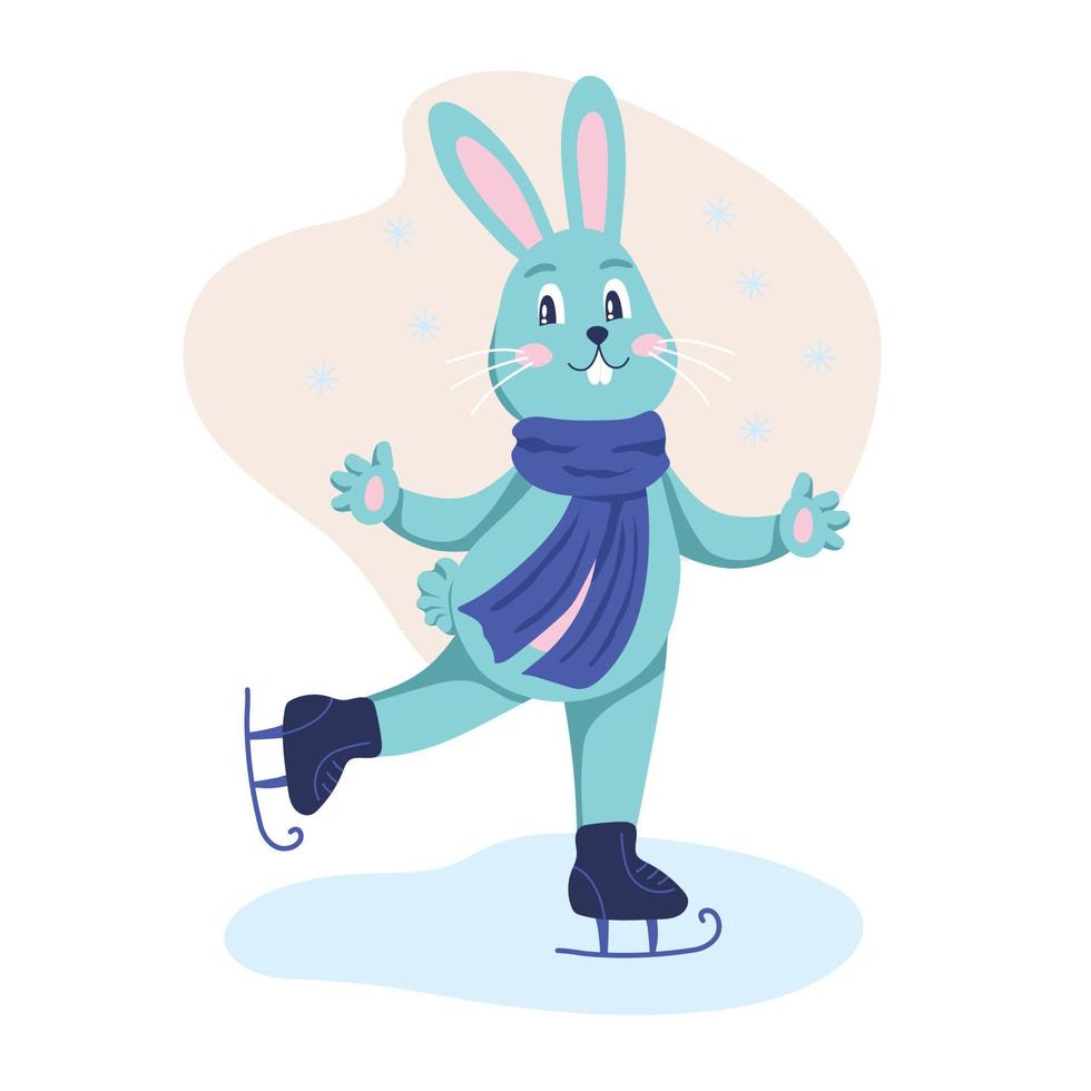 The character rabbit is skating on ice. Winter entertainment, January. Flat cartoon vector illustration