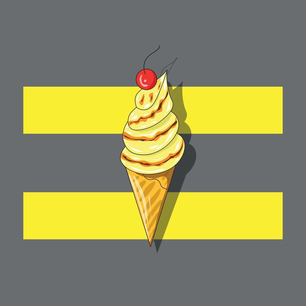 helado suave de vainilla amarilla en un cono de cereza vector