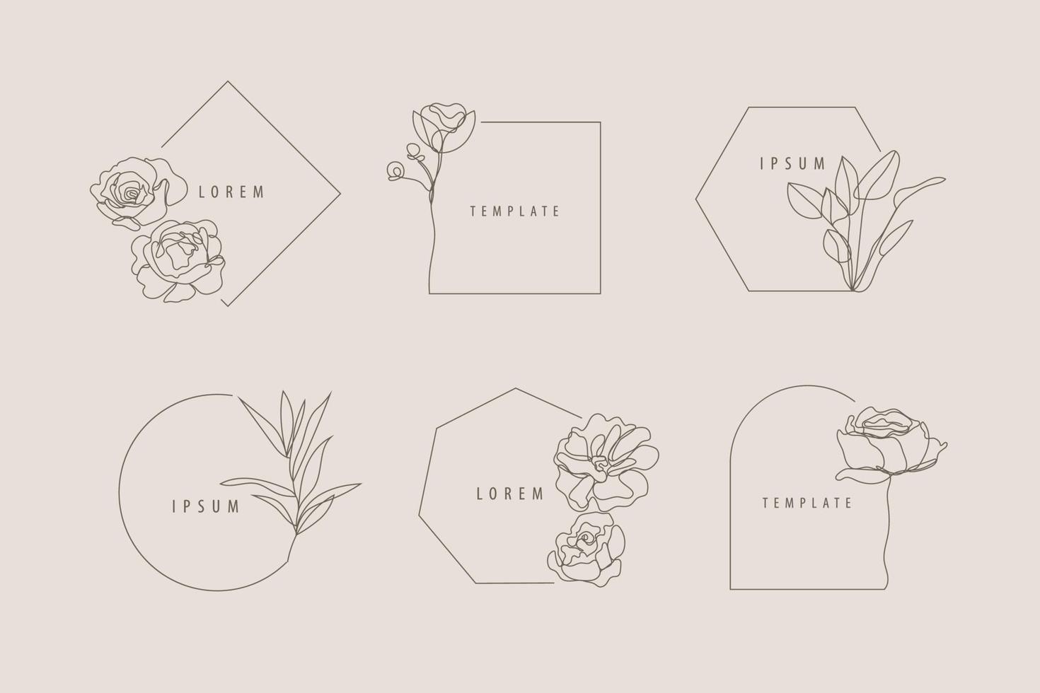 conjunto vectorial de marcos florales minimalistas de línea de lujo, plantillas de diseño de logotipos y conceptos de monograma, emblemas de estilo lineal para moda, belleza, red social. vector