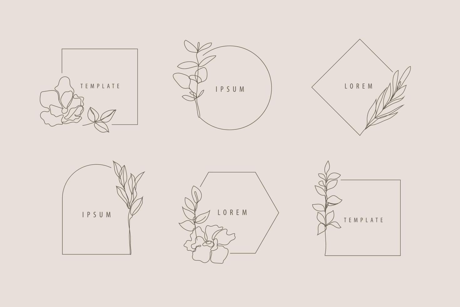 Vector set of luxury line minimalist floral frames, logo design templates and monogram concepts, linear style emblems for fashion, beauty, social net.