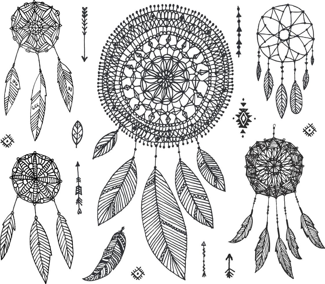 Vector decor set, collection of hand drawn doodle boho style dividers, borders, arrows, design elements, dream catchers. Isolated. May be used for wedding invitations, birthday cards, banners