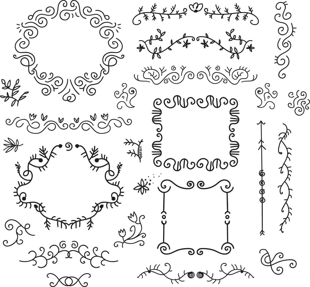 set of vector doodle hand drawn floral black vintage frames