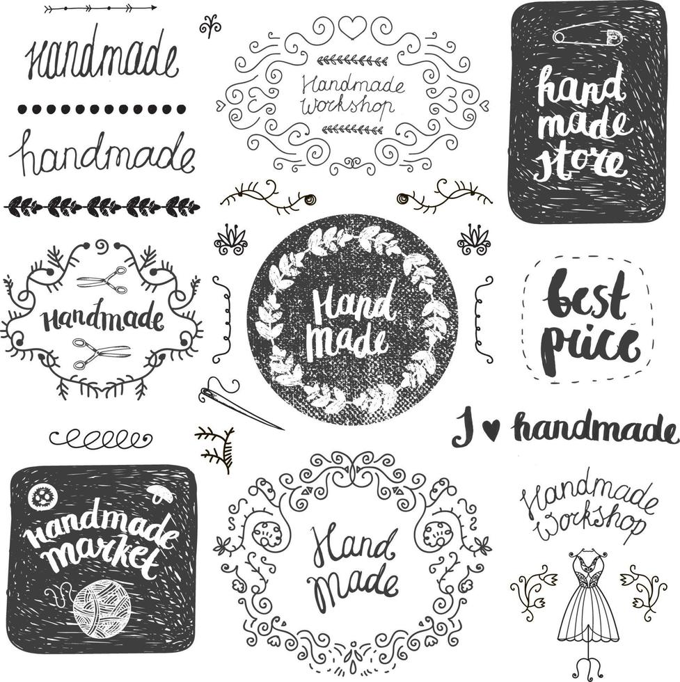 Vector set of hand drawn doodle frames, badges. Handmade, workshop, hand made shop graphic design set. Arts and crafts, icons, logos, badges set isolated, lettering