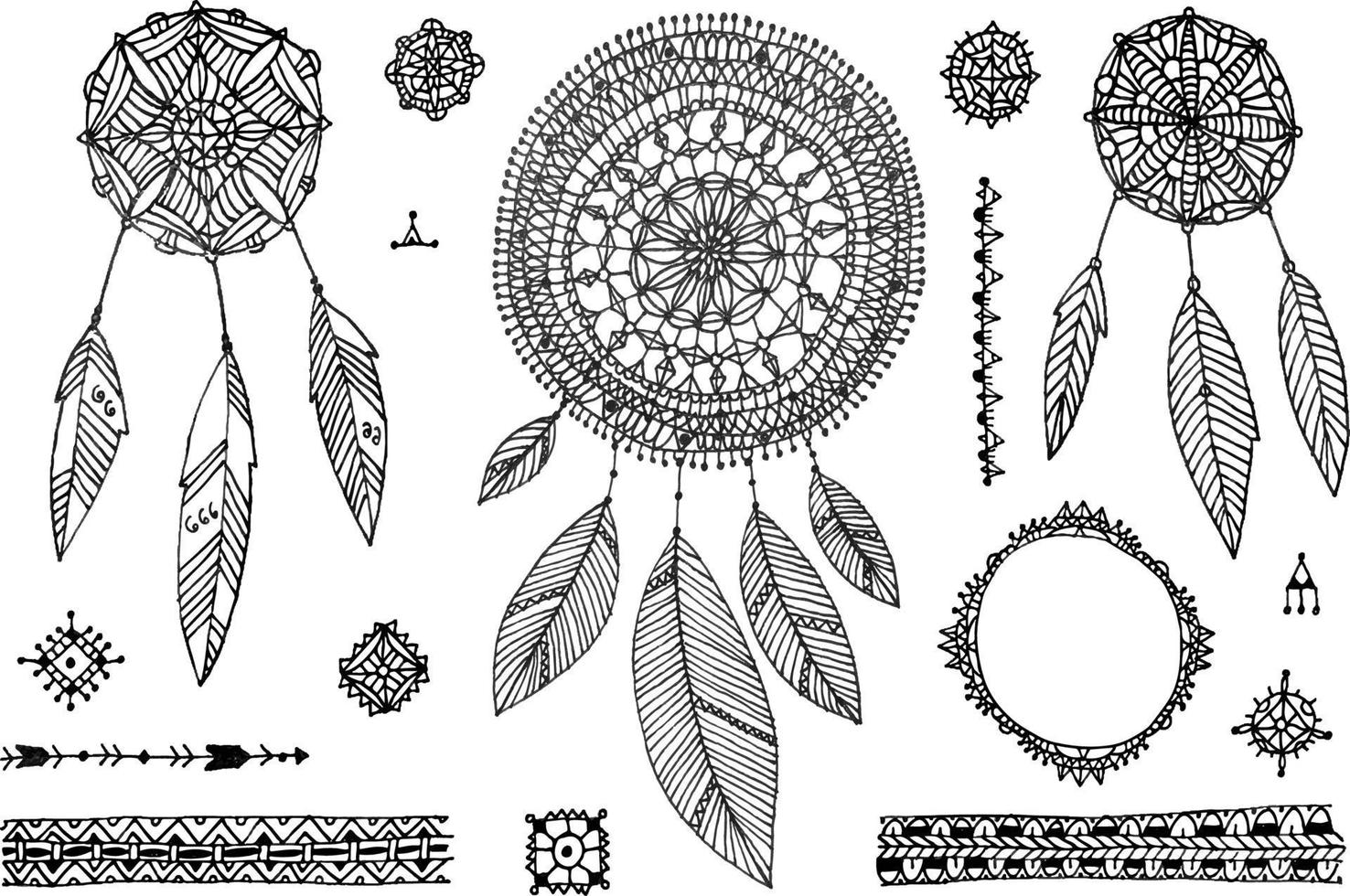 Vector decor set, collection of hand drawn doodle boho style dividers, borders, arrows, design elements, dream catchers. Isolated. May be used for wedding invitations, birthday cards, banners