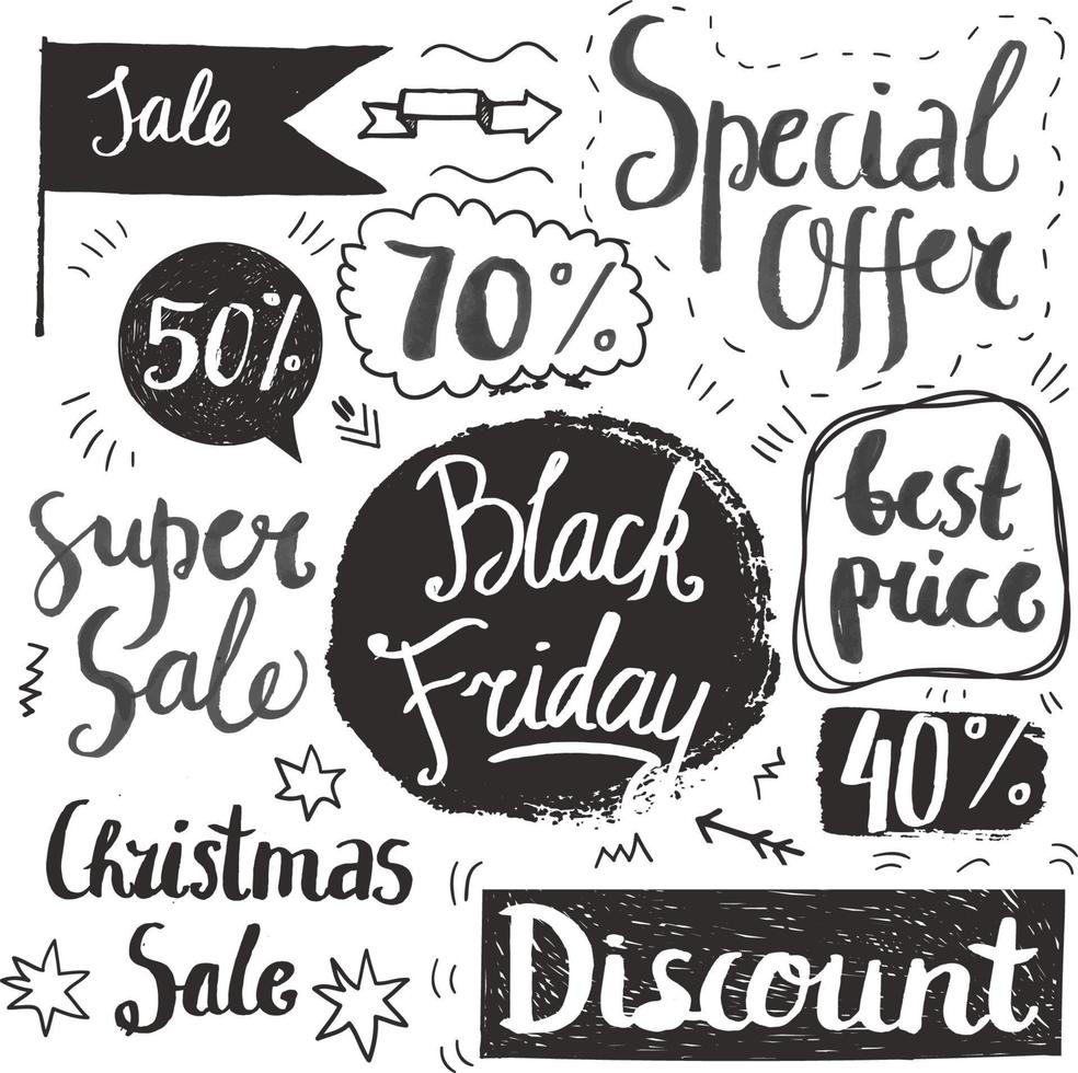 Sale hand lettering. Shop dicount, grunge style sale tags, banners. Black and white vector