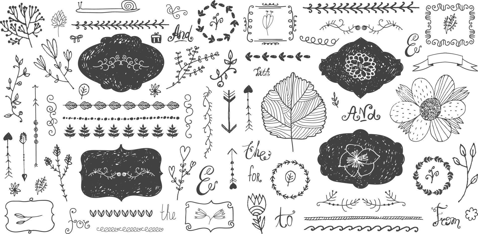 Vector set of floral decor, hand drawn doodle frames, dividers, borders, elements. Isolated. Romantic vintage collection