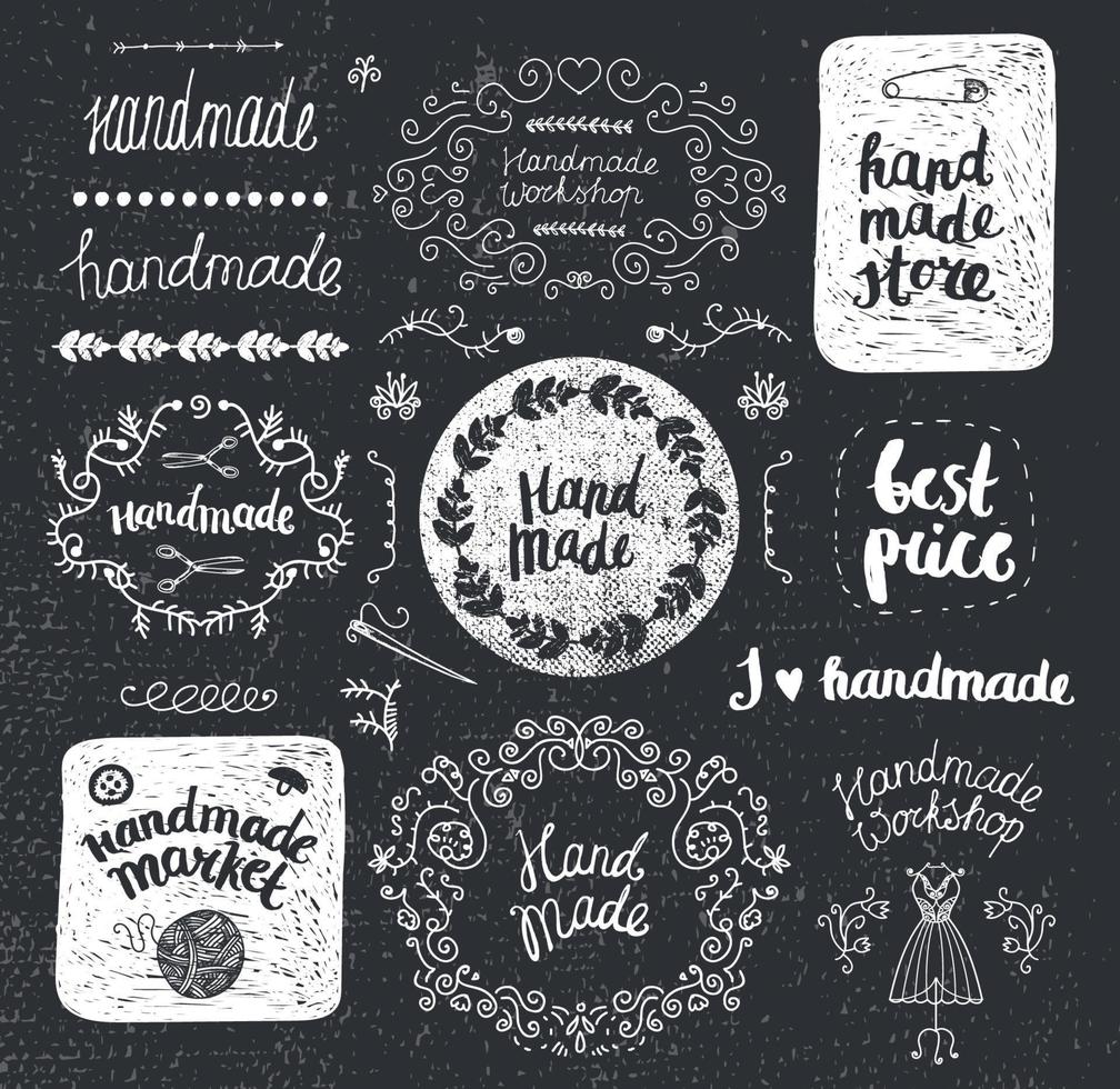 Vector set of hand drawn doodle frames, badges. Handmade, workshop, hand made shop graphic design set. Arts and crafts, icons, logos, badges set isolated, lettering