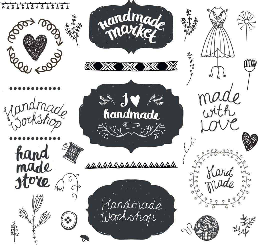 Vector set of hand drawn doodle frames, badges. Handmade, workshop, hand made shop graphic design set. Arts and crafts, icons, logos, badges set isolated, lettering