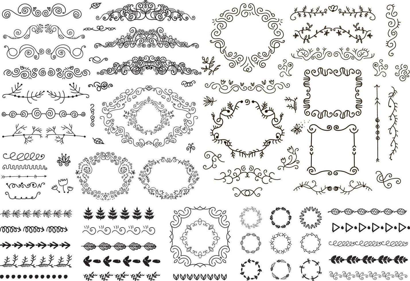 Vector set of floral decor, hand drawn doodle frames, dividers, borders, elements. Isolated. Romantic vintage collection