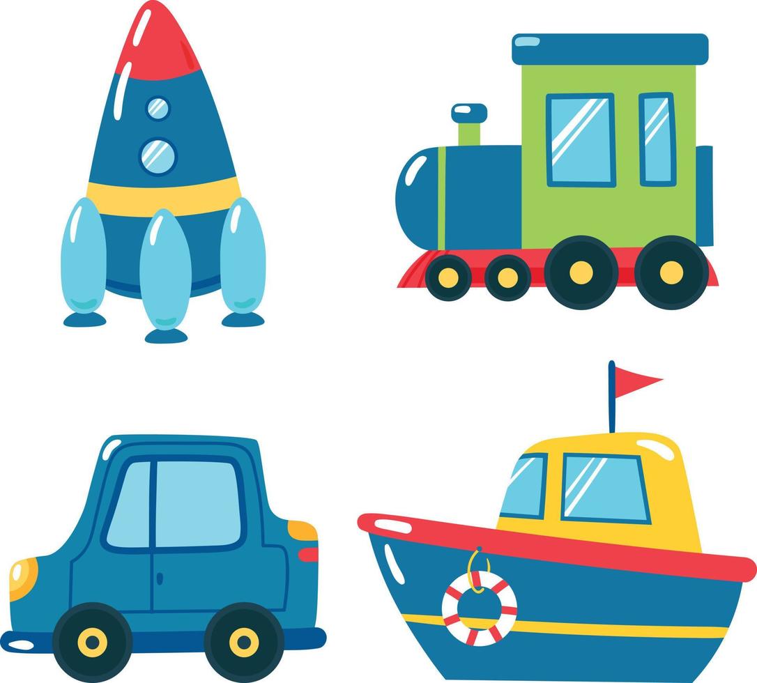 conjunto de ilustraciones vectoriales de juguetes para niños diferentes tipos de transporte de dibujos animados vector