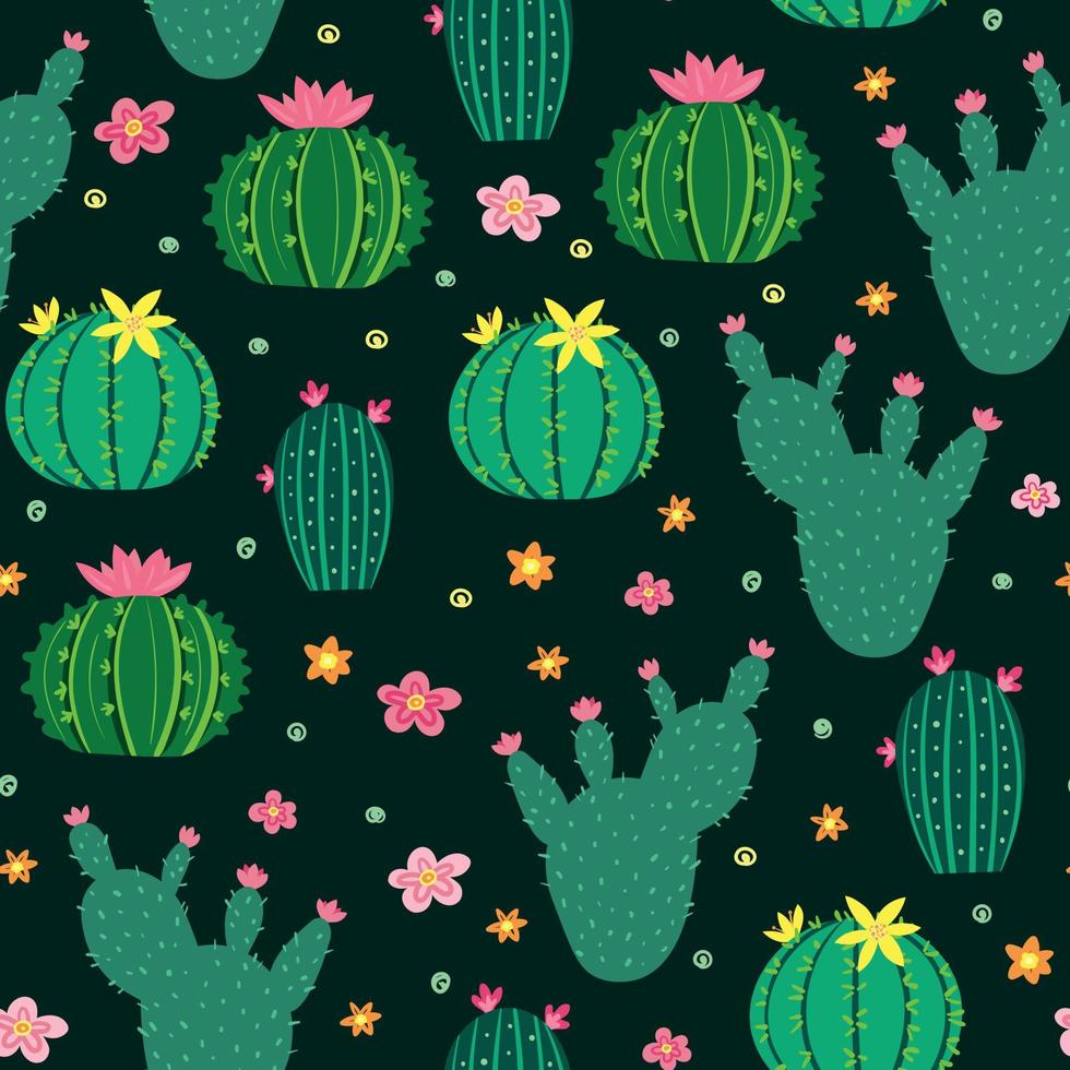 Bright Decorative Seamless Pattern with Blooming Cacti on Dark Background vector