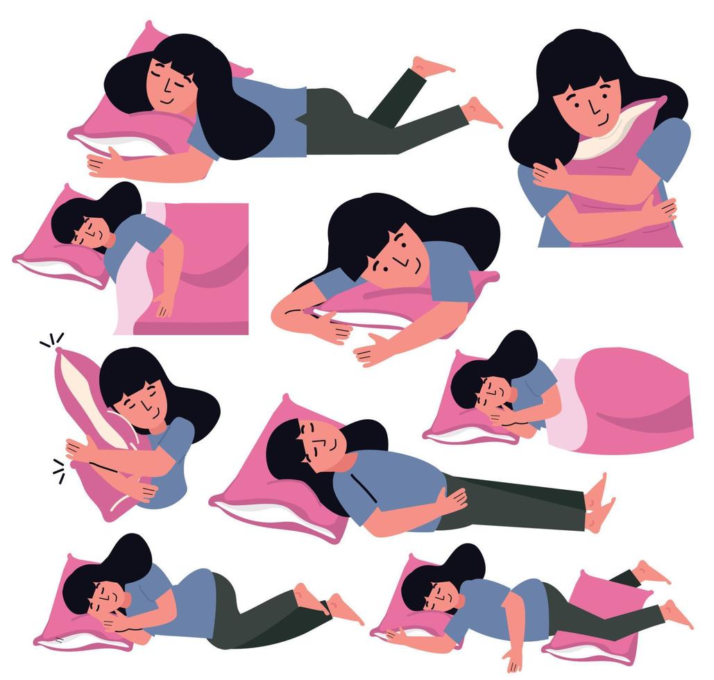 Sleeping woman with pillow set vector