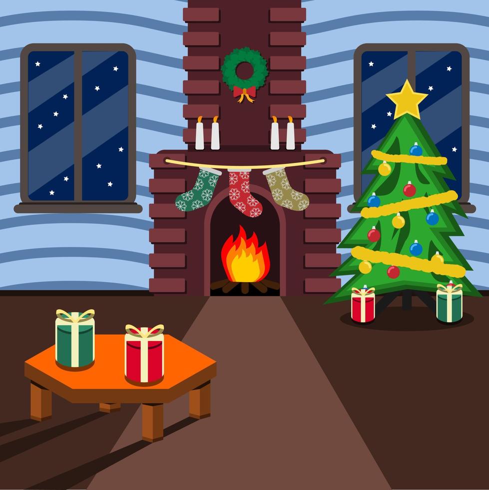 sala de estar con tema navideño con árbol de navidad y regalos y chimenea perfecta para el fondo de la tarjeta de felicitación vector