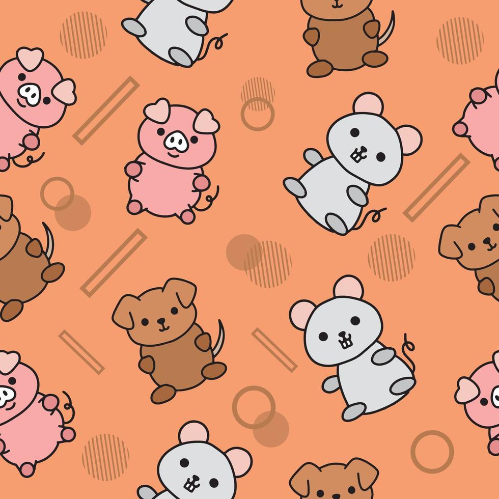 Cute Animal pig mouse and puppy Seamless Pattern doodle for Kids and baby vector
