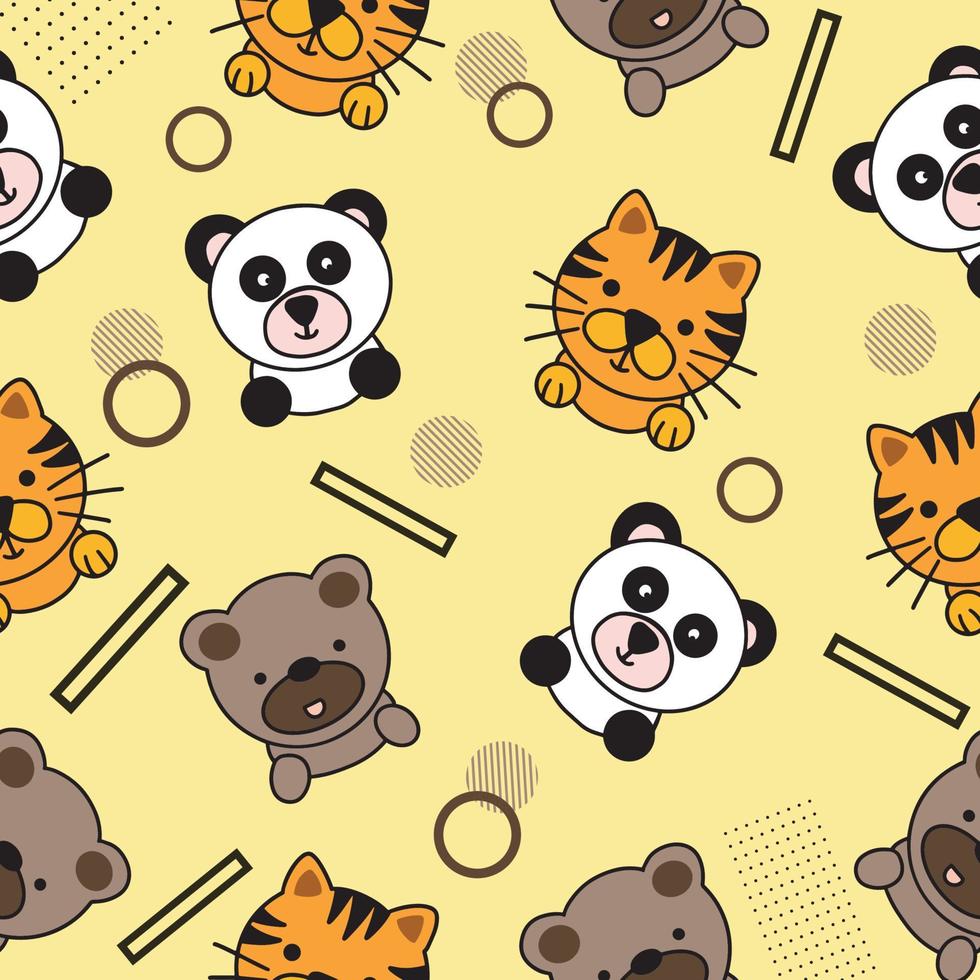 lindo animal tigre panda y oso doodle de patrones sin fisuras para niños y bebés vector