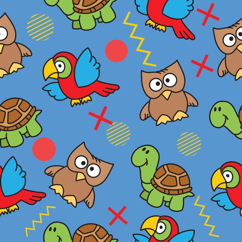 Cute Animal Bird Owl and Turtle Seamless Pattern doodle for Kids and baby vector