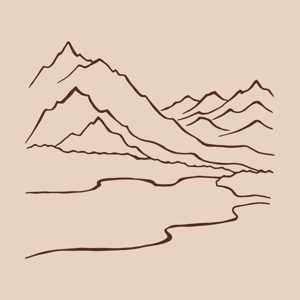 paisaje con montañas y bosques. ilustración dibujada a mano convertida en vector. vector