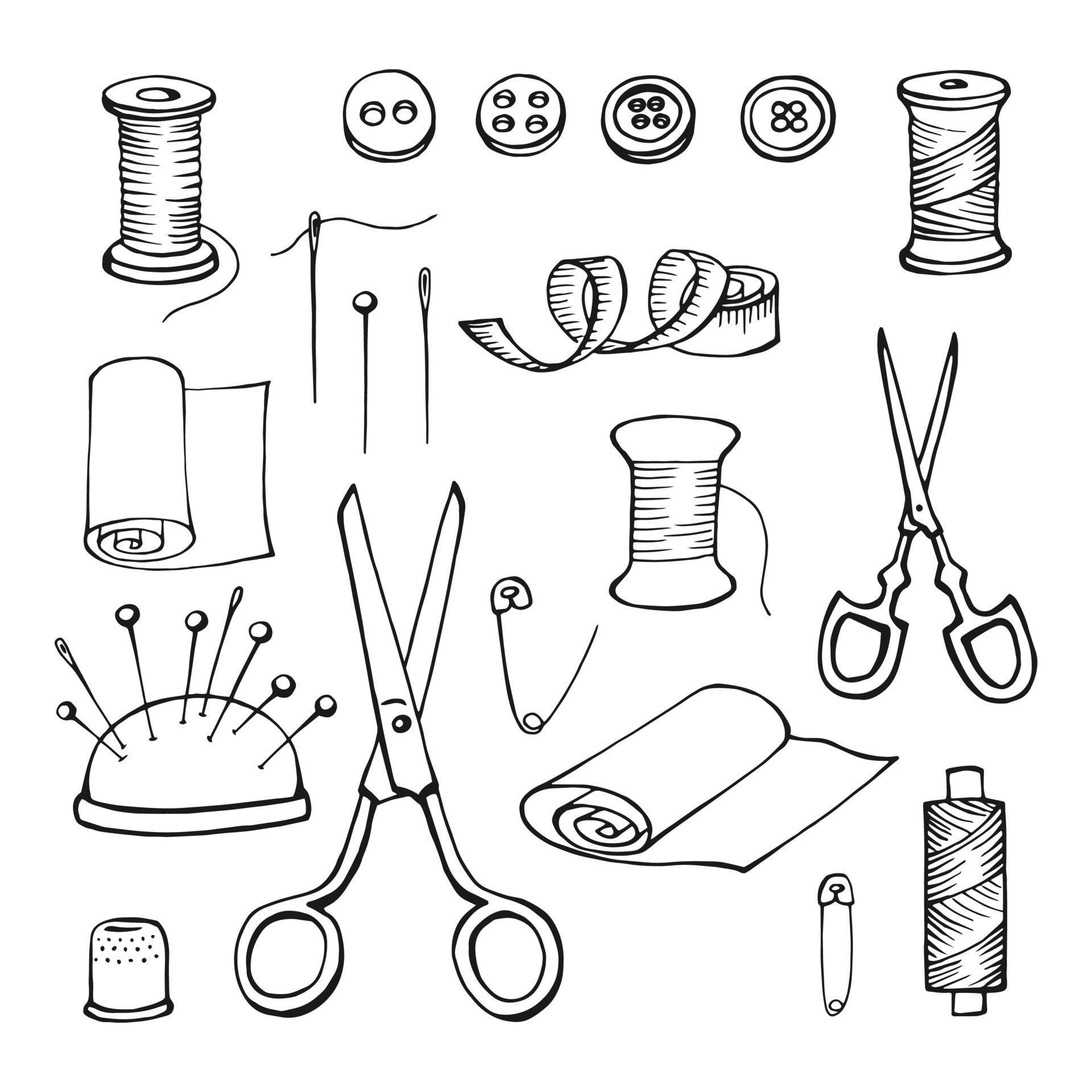 Hand drawn sewing tools. Thread, needle, pins, scissors, buttons