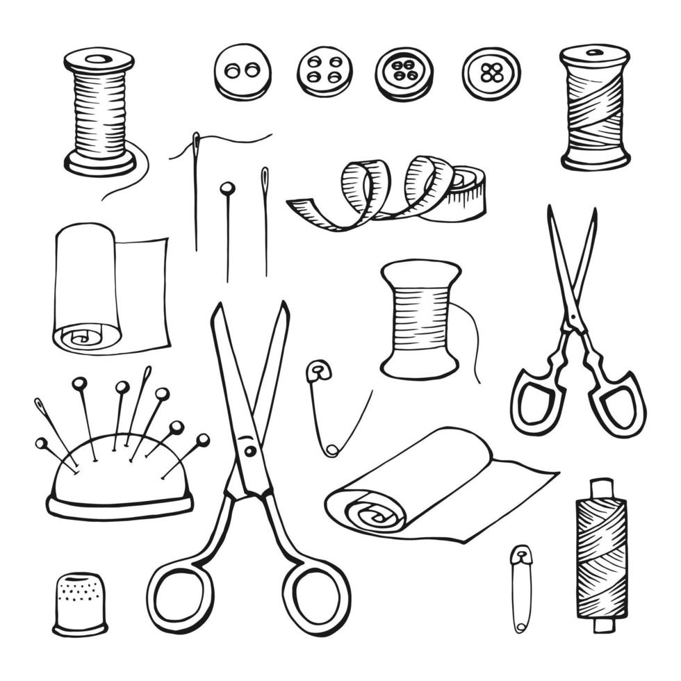 Hand drawn sewing tools. Thread, needle, pins, scissors, buttons ...