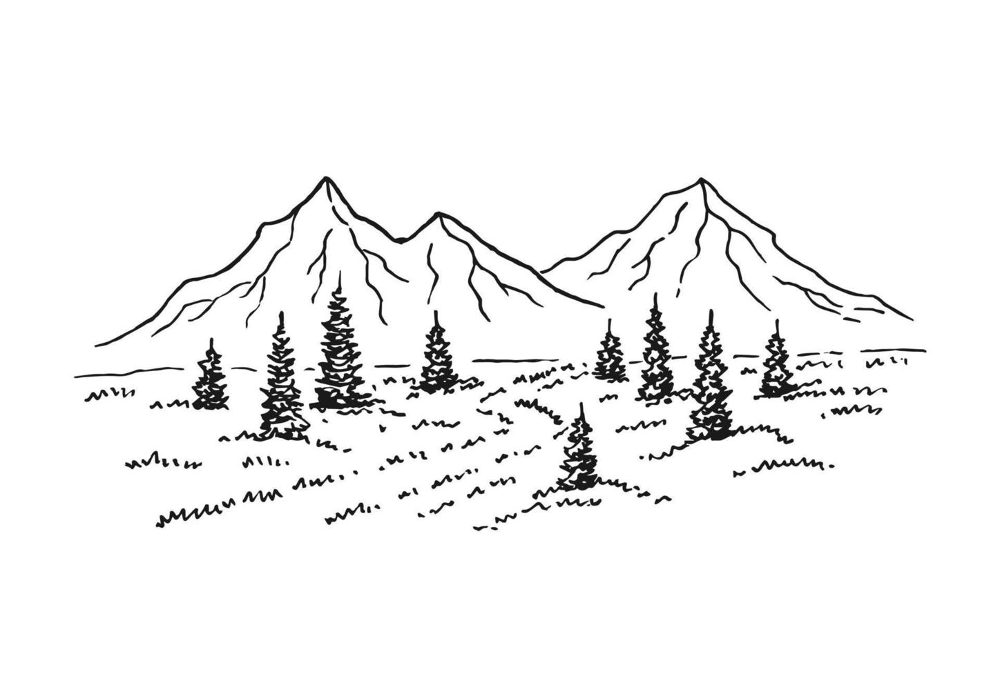 Hand drawn vector illustration of mountain landscape with pine trees.