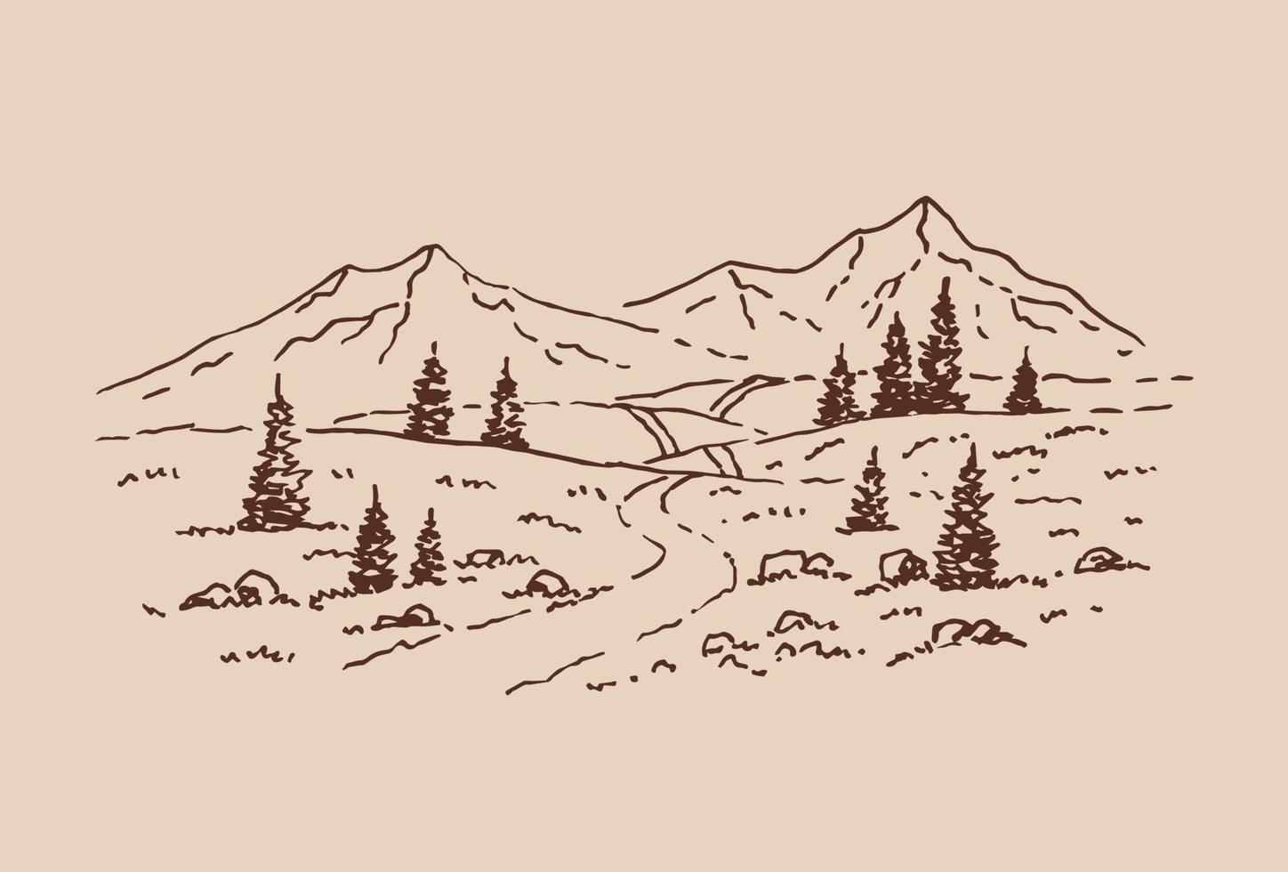 Mountains road. Landscape. Hand drawn rocky peaks in sketch style. Vector illustration