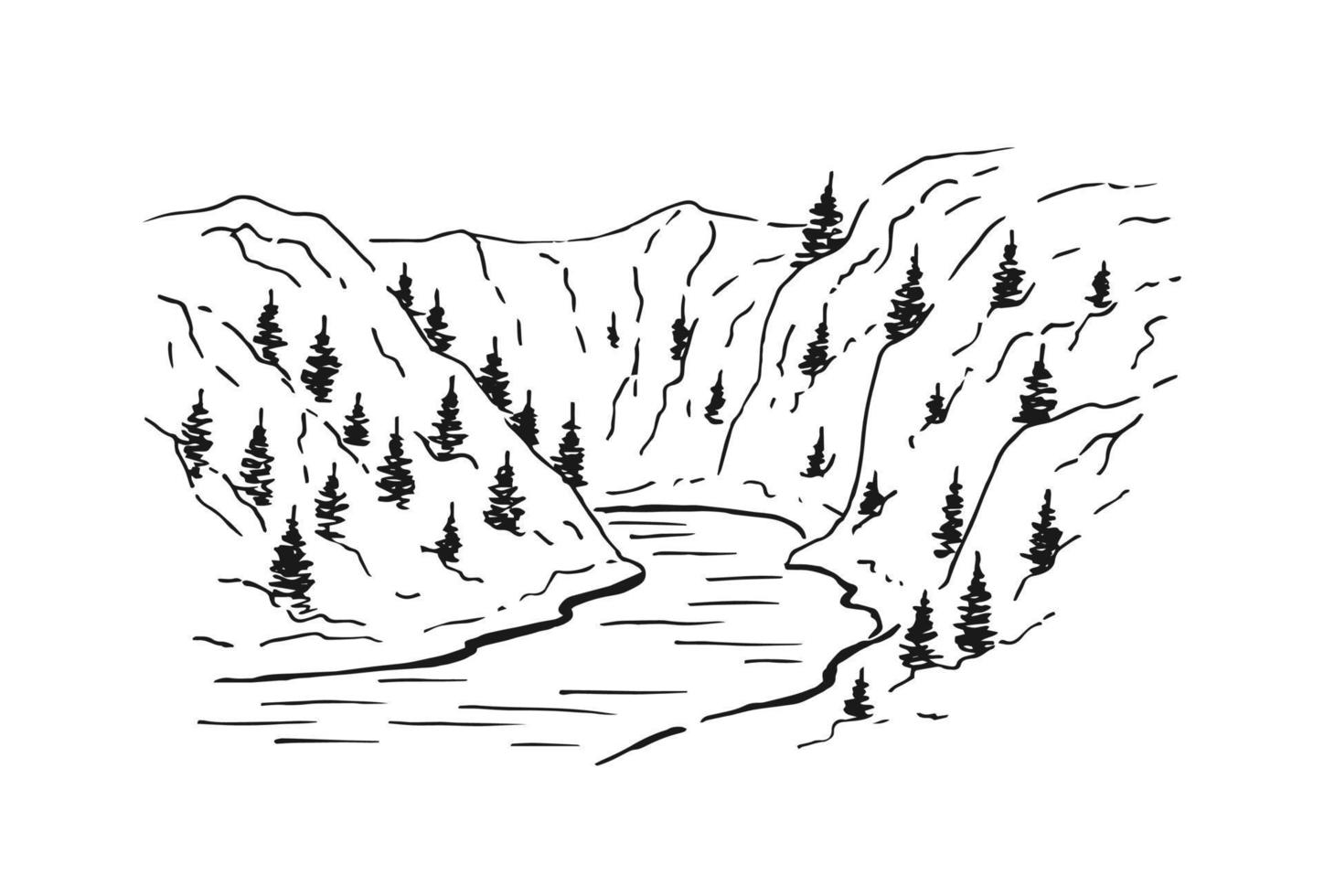 paisaje con montañas y bosques. ilustración dibujada a mano convertida en vector. vector